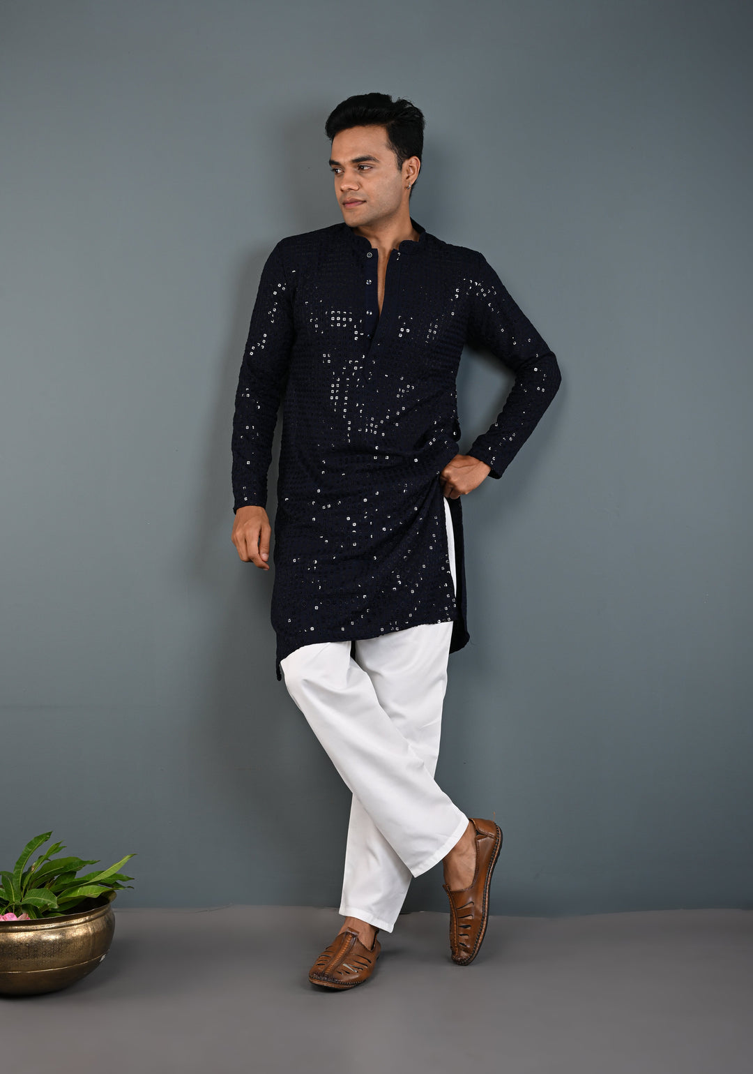 Midnight Blue Kurta with Self Weave Brocade and Sequins Pajama Set for Men | Made to Order
