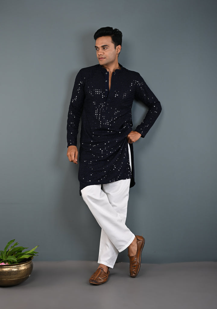 Midnight Blue Kurta with Self Weave Brocade and Sequins Pajama Set for Men | Made to Order
