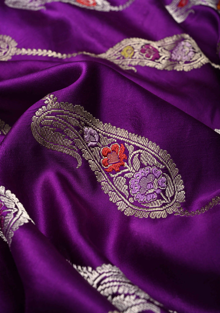 Purple Kadhuwa Weave Meenakari Jungla on Pure Banarasi Mashru Silk Saree with Pasisley Buttas and Zari Border | SILK MARK CERTIFIED | SHOBITAM