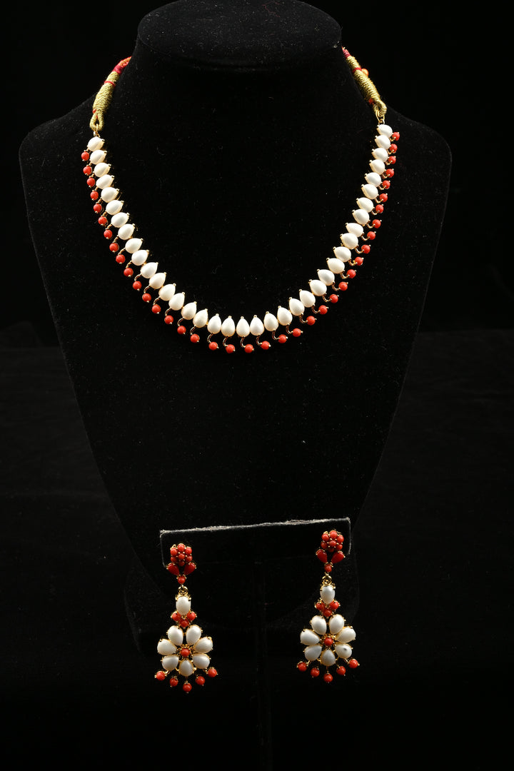 Handcrafted Natural pearl Necklace With coral like stones | SHOBITAM