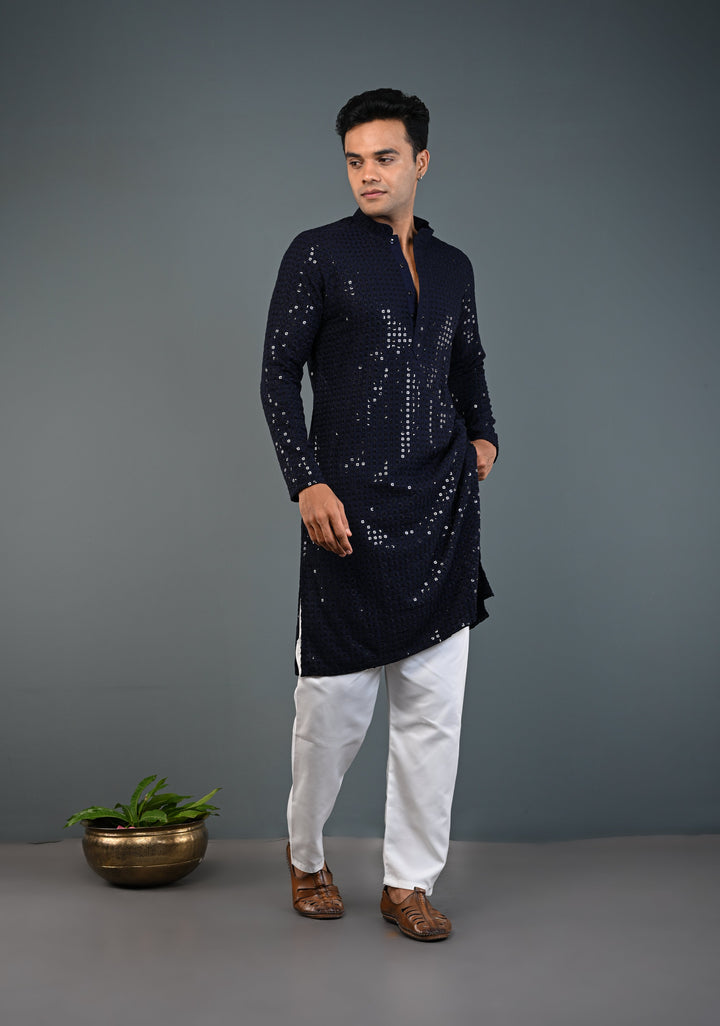 Midnight Blue Kurta with Self Weave Brocade and Sequins Pajama Set for Men | Made to Order