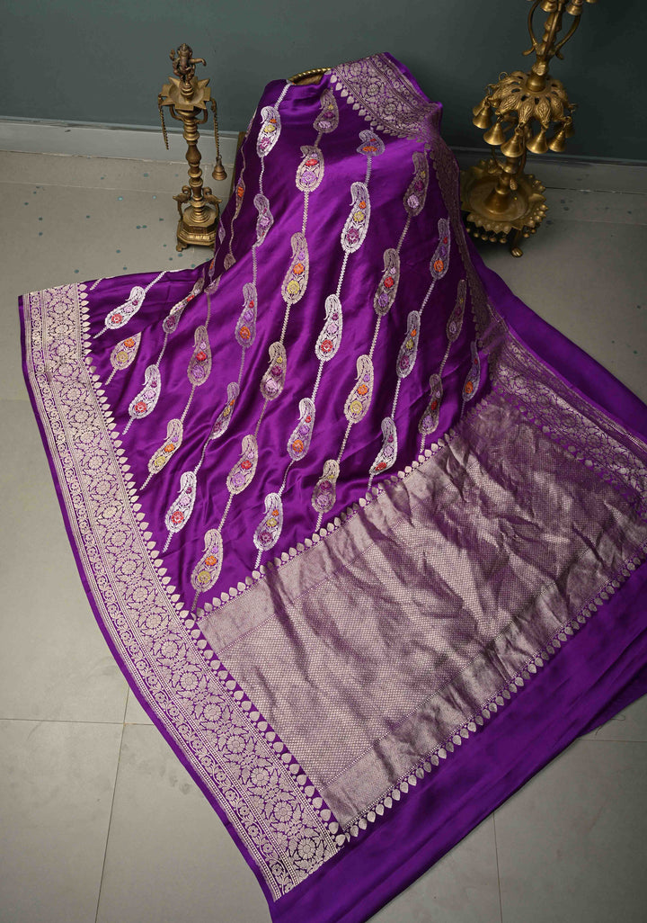Purple Kadhuwa Weave Meenakari Jungla on Pure Banarasi Mashru Silk Saree with Pasisley Buttas and Zari Border | SILK MARK CERTIFIED | SHOBITAM
