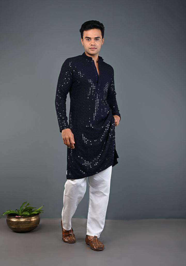 Midnight Blue Kurta with Self Weave Brocade and Sequins Pajama Set for Men | Made to Order