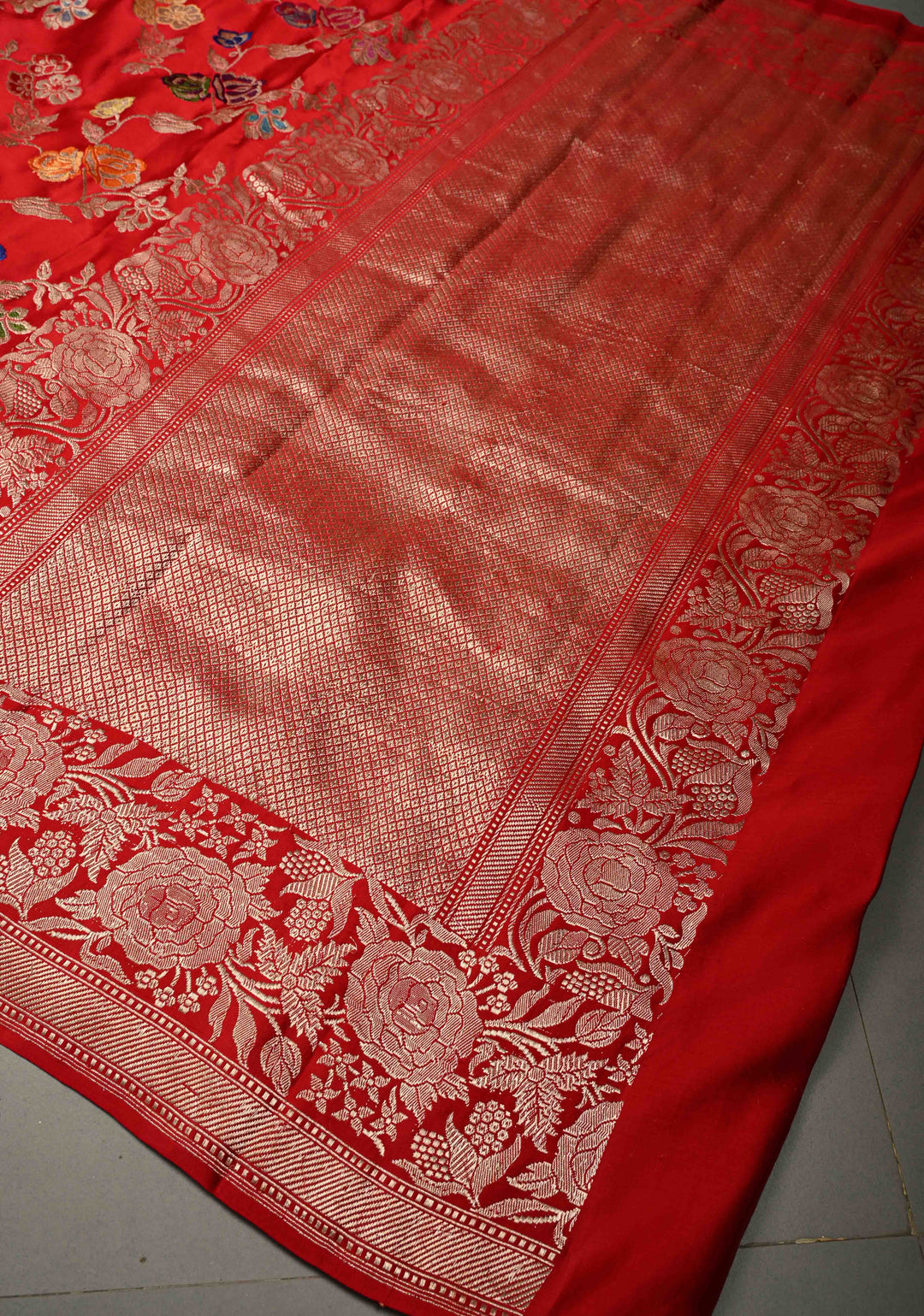 Bright Red Kadhuwa Meenakari Jungla on Pure Banarasi Mashru Silk Saree with Floral Brocade and Zari Border | SILK MARK CERTIFIED | SHOBITAM