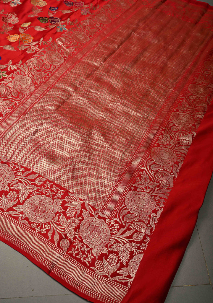 Bright Red Kadhuwa Meenakari Jungla on Pure Banarasi Mashru Silk Saree with Floral Brocade and Zari Border | SILK MARK CERTIFIED | SHOBITAM