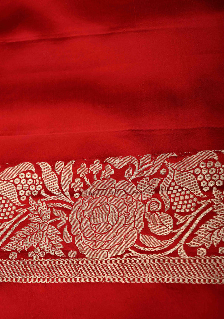 Bright Red Kadhuwa Meenakari Jungla on Pure Banarasi Mashru Silk Saree with Floral Brocade and Zari Border | SILK MARK CERTIFIED | SHOBITAM