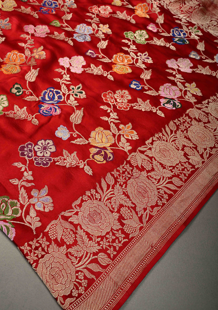 Bright Red Kadhuwa Meenakari Jungla on Pure Banarasi Mashru Silk Saree with Floral Brocade and Zari Border | SILK MARK CERTIFIED | SHOBITAM