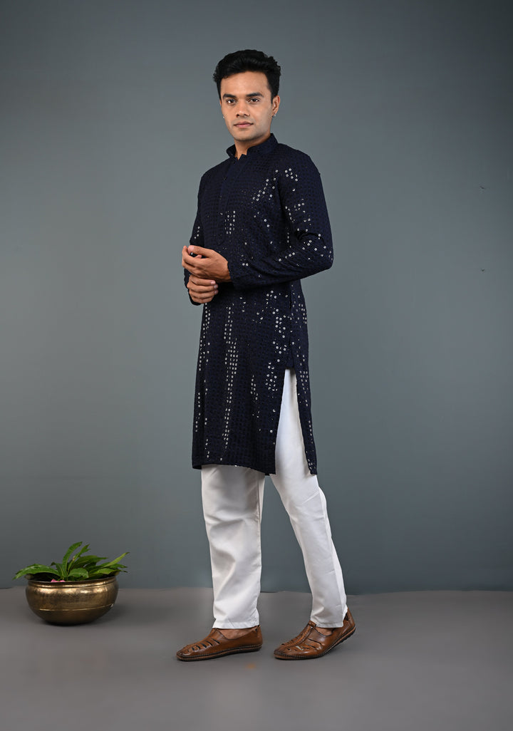 Midnight Blue Kurta with Self Weave Brocade and Sequins Pajama Set for Men | Made to Order