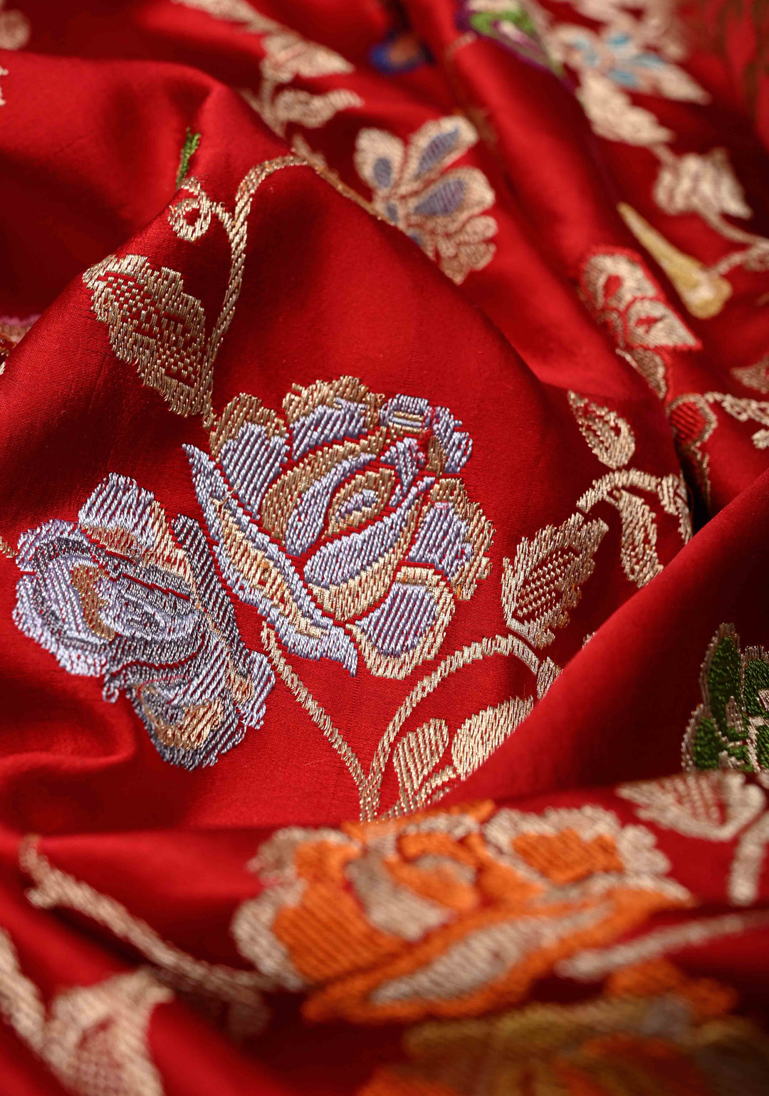 Bright Red Kadhuwa Meenakari Jungla on Pure Banarasi Mashru Silk Saree with Floral Brocade and Zari Border | SILK MARK CERTIFIED | SHOBITAM