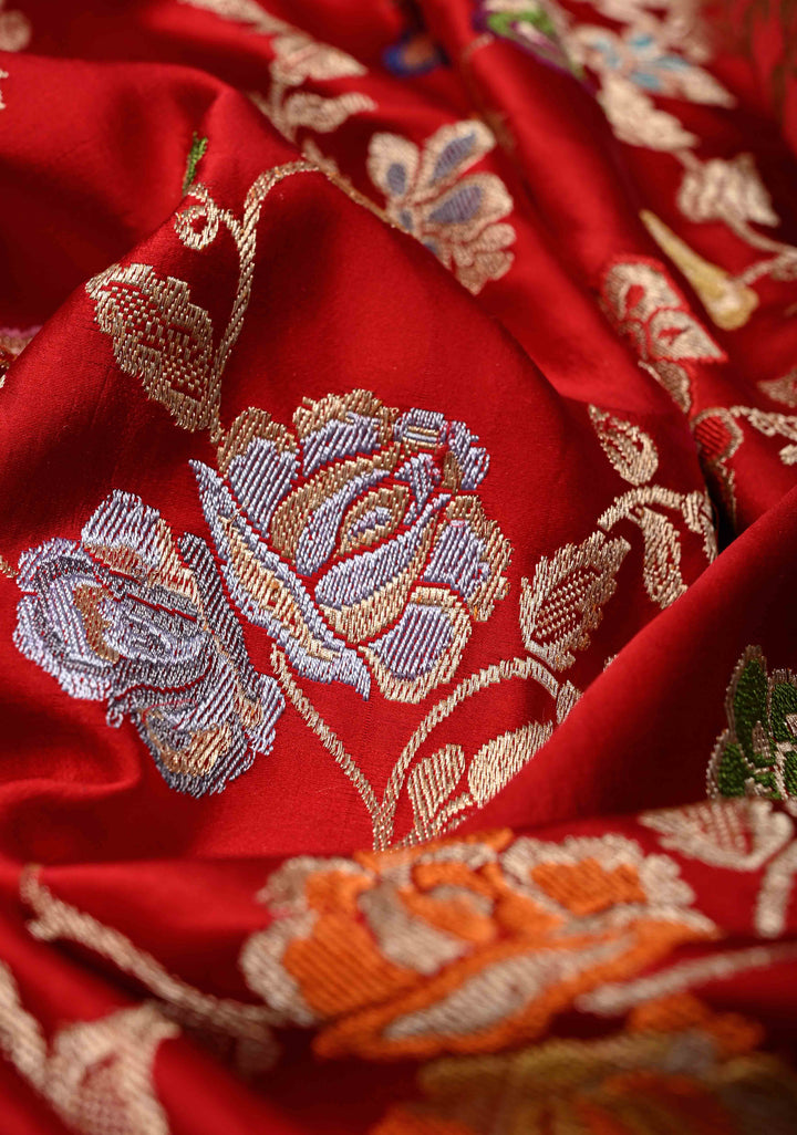Bright Red Kadhuwa Meenakari Jungla on Pure Banarasi Mashru Silk Saree with Floral Brocade and Zari Border | SILK MARK CERTIFIED | SHOBITAM