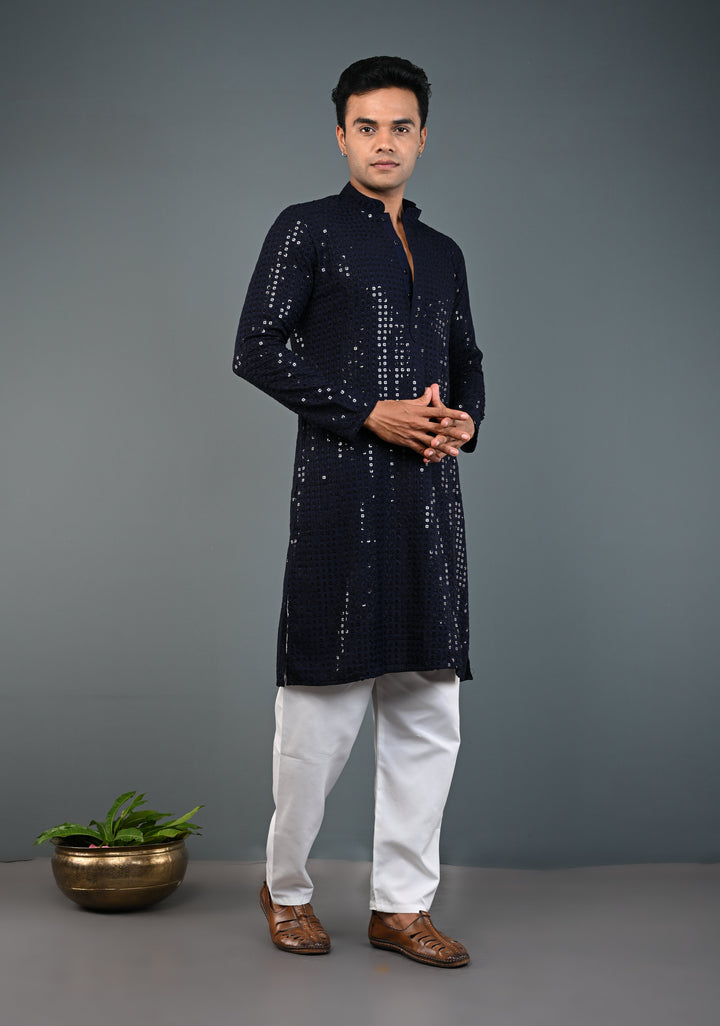 Midnight Blue Kurta with Self Weave Brocade and Sequins Pajama Set for Men | Made to Order