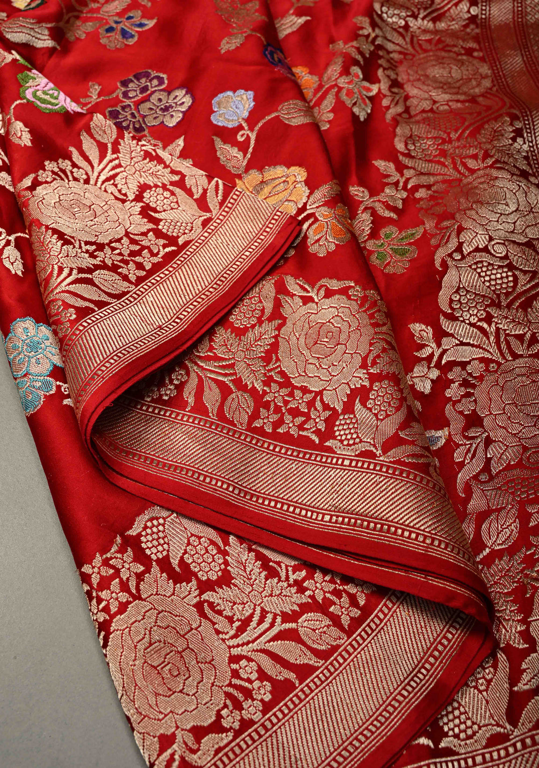 Bright Red Kadhuwa Meenakari Jungla on Pure Banarasi Mashru Silk Saree with Floral Brocade and Zari Border | SILK MARK CERTIFIED | SHOBITAM
