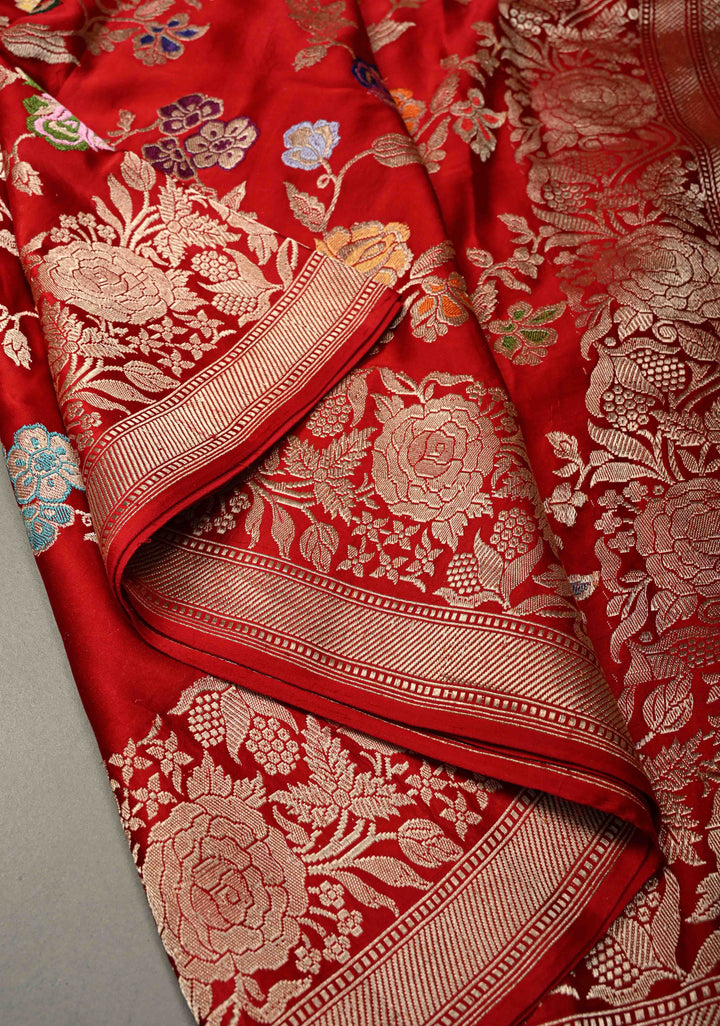 Bright Red Kadhuwa Meenakari Jungla on Pure Banarasi Mashru Silk Saree with Floral Brocade and Zari Border | SILK MARK CERTIFIED | SHOBITAM