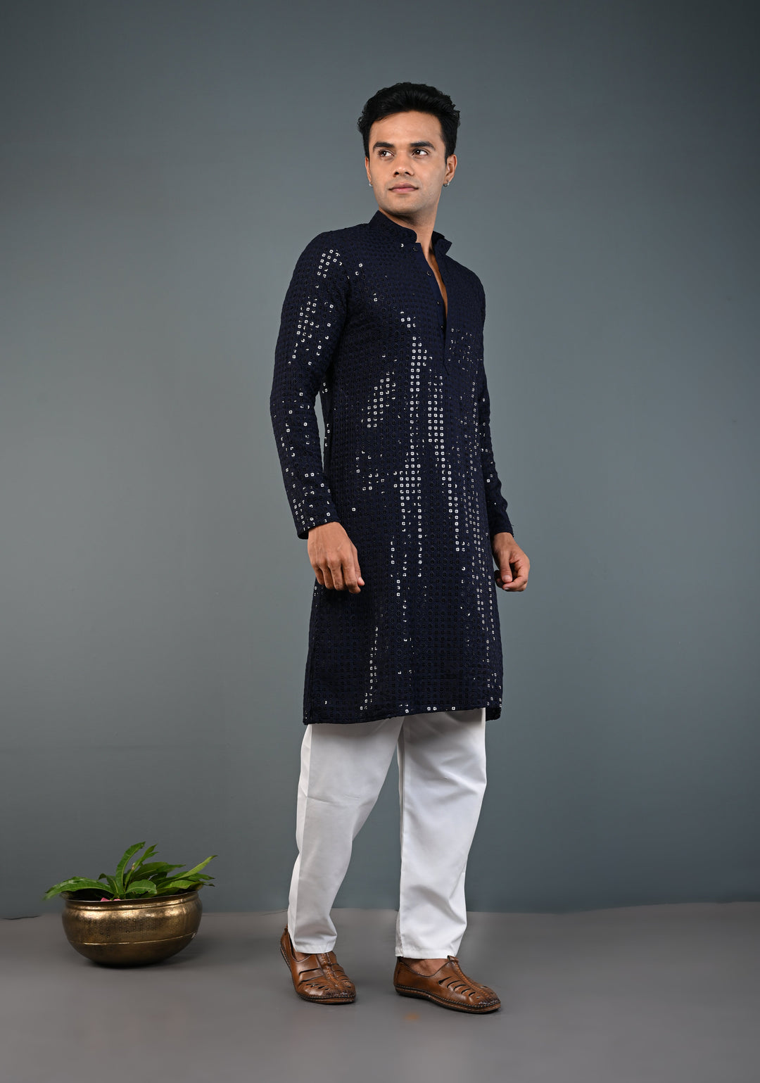 Midnight Blue Kurta with Self Weave Brocade and Sequins Pajama Set for Men | Made to Order