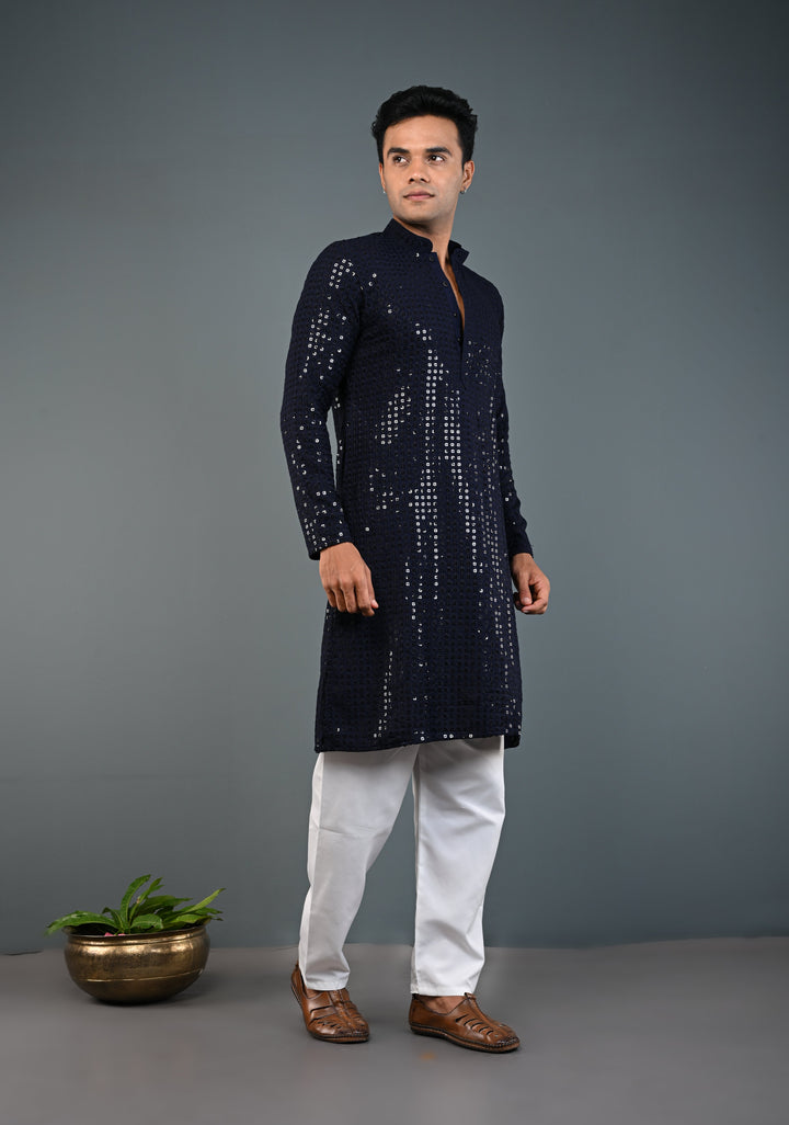Midnight Blue Kurta with Self Weave Brocade and Sequins Pajama Set for Men | Made to Order