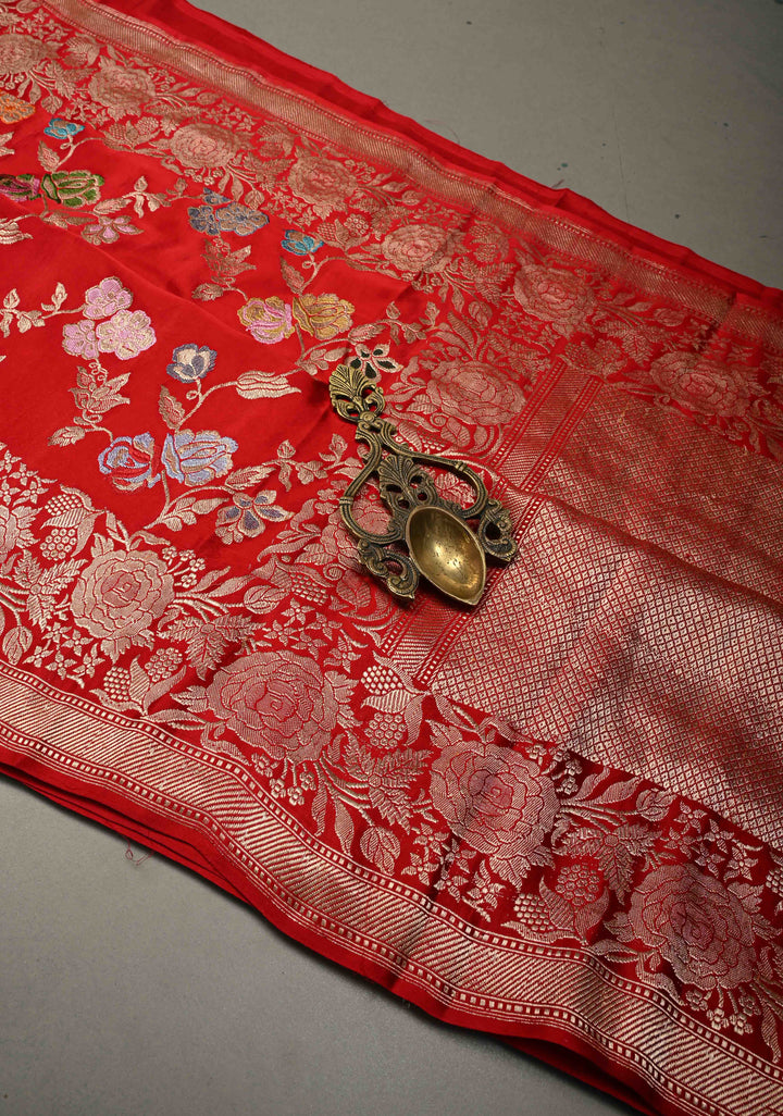 Bright Red Kadhuwa Meenakari Jungla on Pure Banarasi Mashru Silk Saree with Floral Brocade and Zari Border | SILK MARK CERTIFIED | SHOBITAM