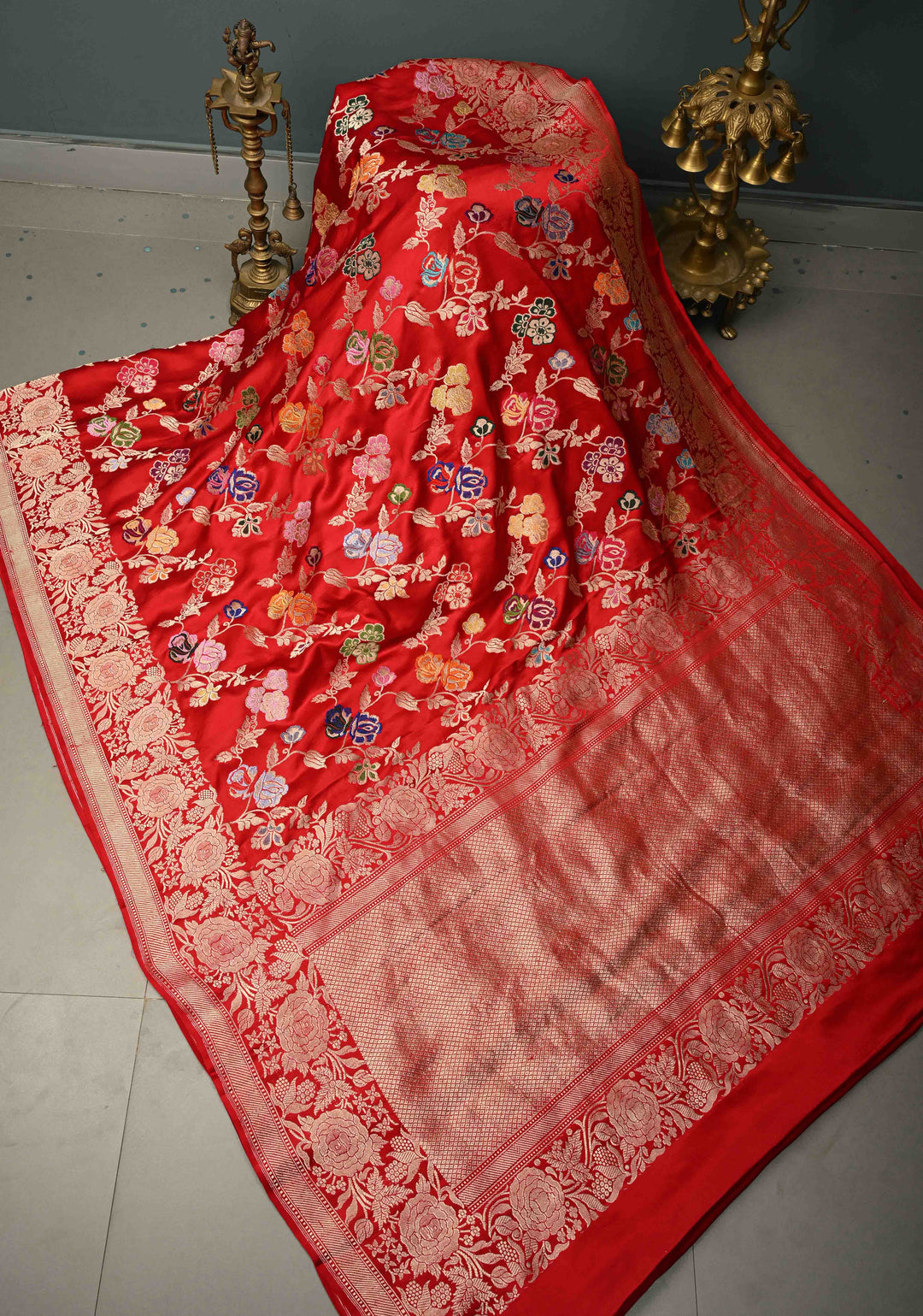 Bright Red Kadhuwa Meenakari Jungla on Pure Banarasi Mashru Silk Saree with Floral Brocade and Zari Border | SILK MARK CERTIFIED | SHOBITAM