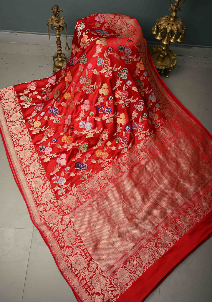 Bright Red Kadhuwa Meenakari Jungla on Pure Banarasi Mashru Silk Saree with Floral Brocade and Zari Border | SILK MARK CERTIFIED | SHOBITAM