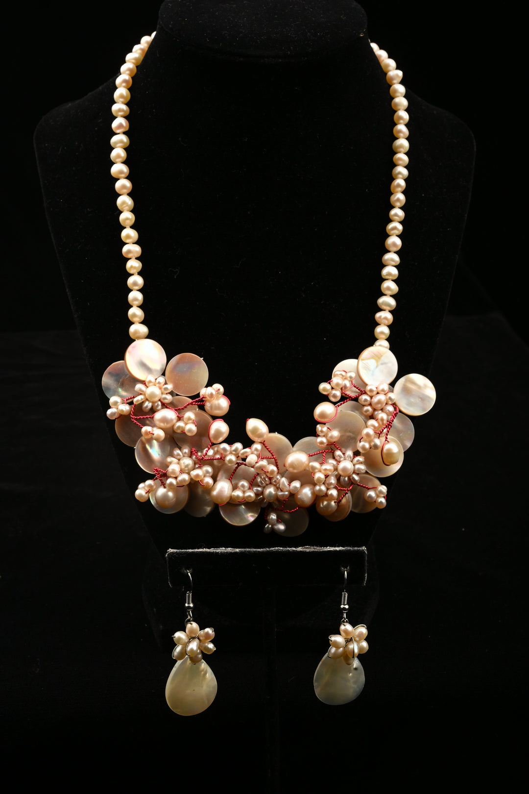 Mother of Pearl Freshwater Pearl Statement Necklace Set | SHOBITAM
