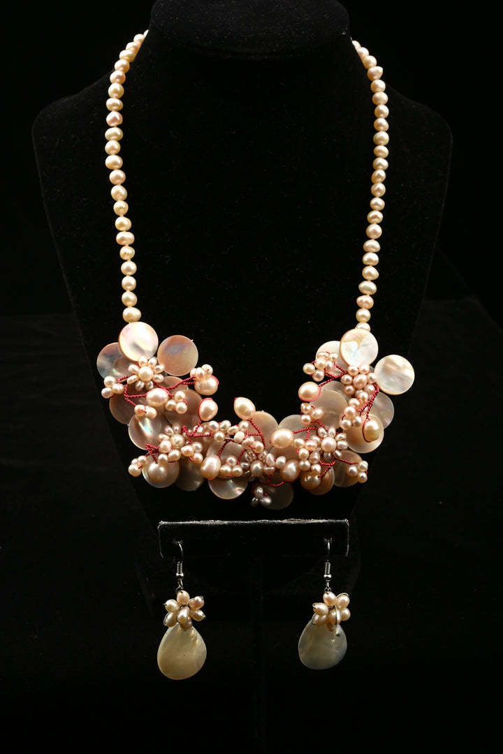 Mother of Pearl Freshwater Pearl Statement Necklace Set | SHOBITAM