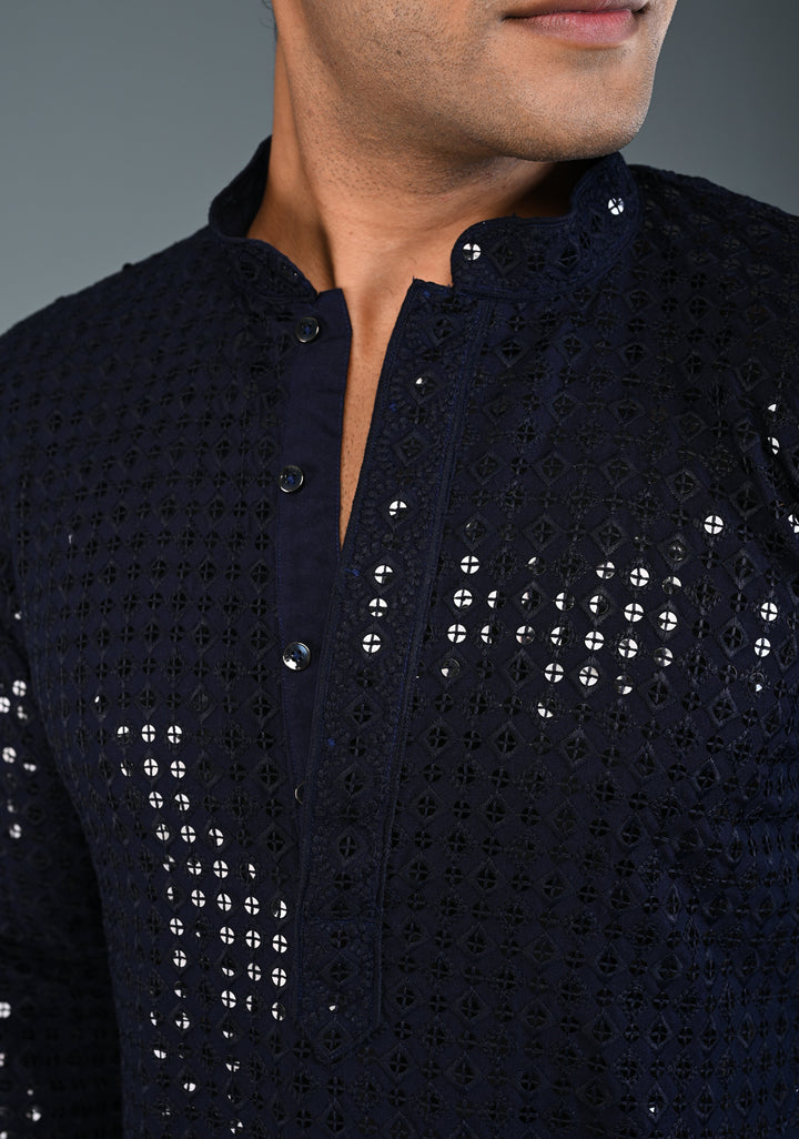 Midnight Blue Kurta with Self Weave Brocade and Sequins Pajama Set for Men | Made to Order