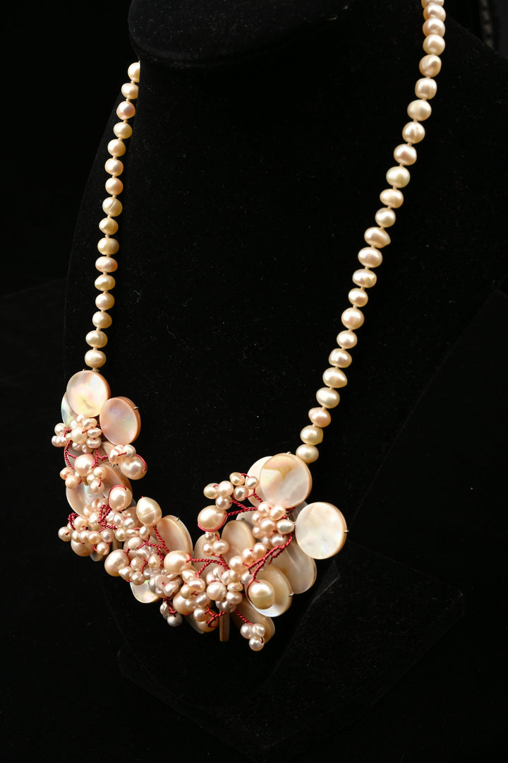 Mother of Pearl Freshwater Pearl Statement Necklace Set | SHOBITAM