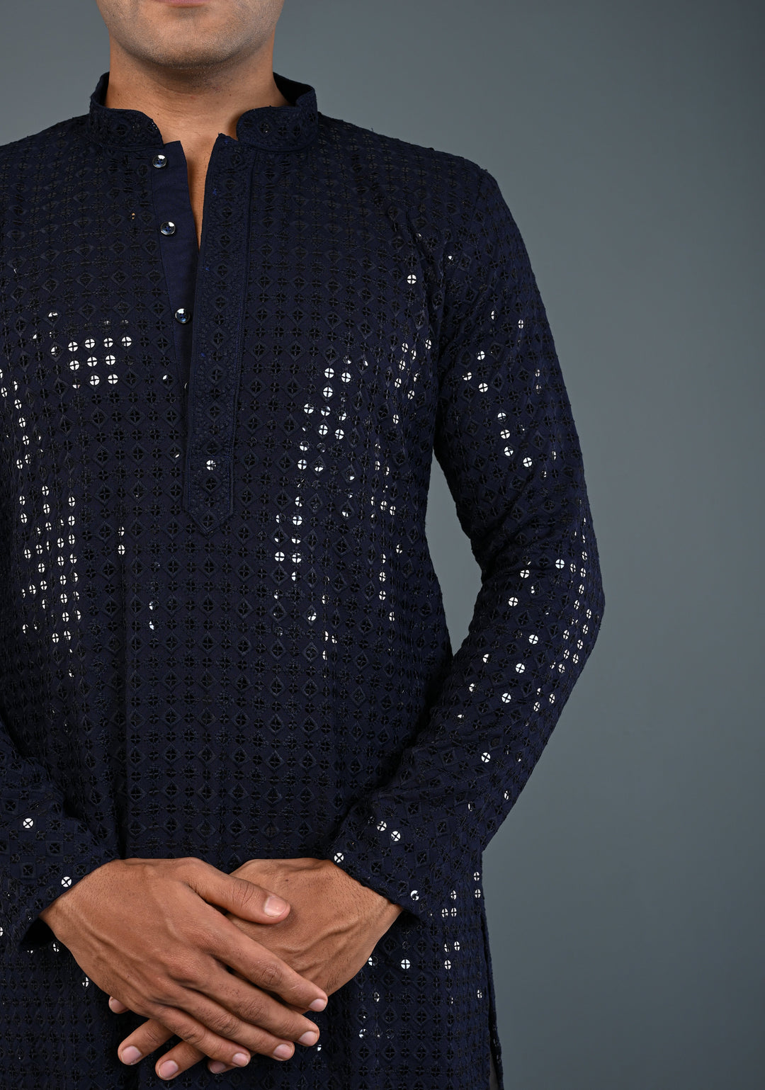 Midnight Blue Kurta with Self Weave Brocade and Sequins Pajama Set for Men | Made to Order