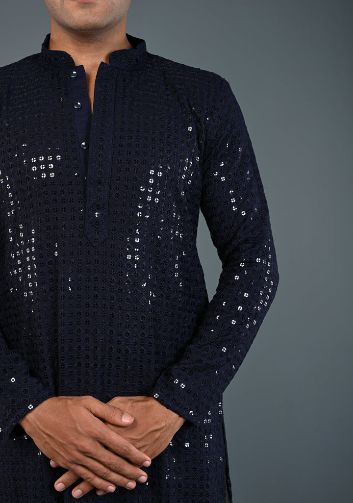 Midnight Blue Kurta with Self Weave Brocade and Sequins Pajama Set for Men | Made to Order
