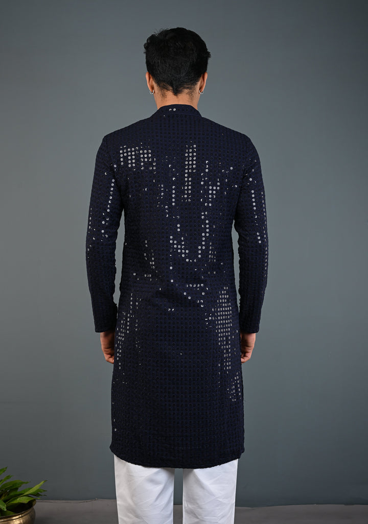 Midnight Blue Kurta with Self Weave Brocade and Sequins Pajama Set for Men | Made to Order