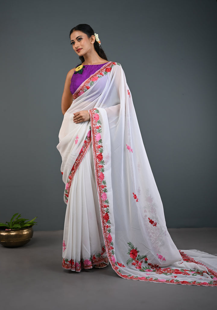 Off White Kashmiri Aari Georgette Saree with Floral Embroidery