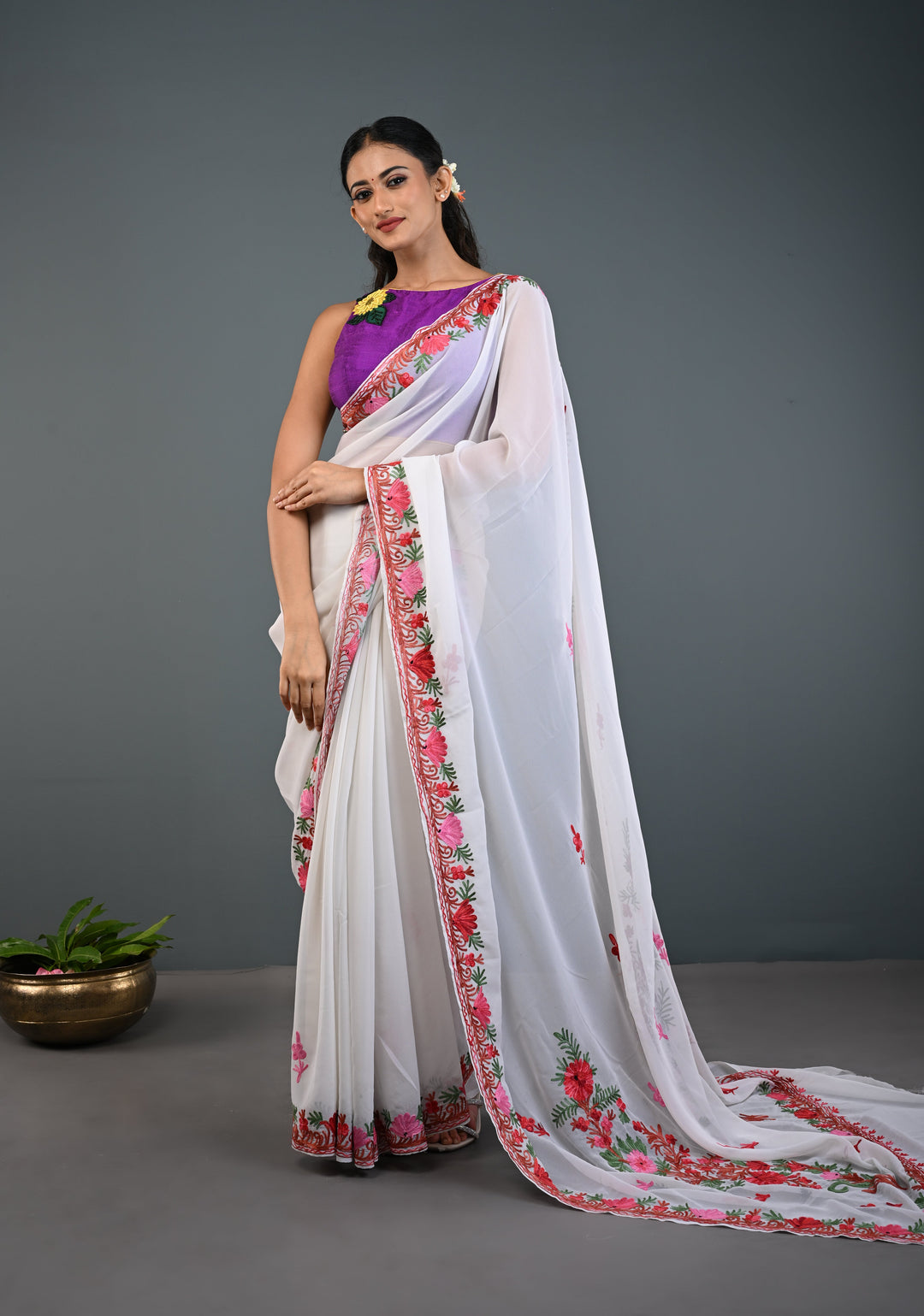 Off White Kashmiri Aari Georgette Saree with Floral Embroidery