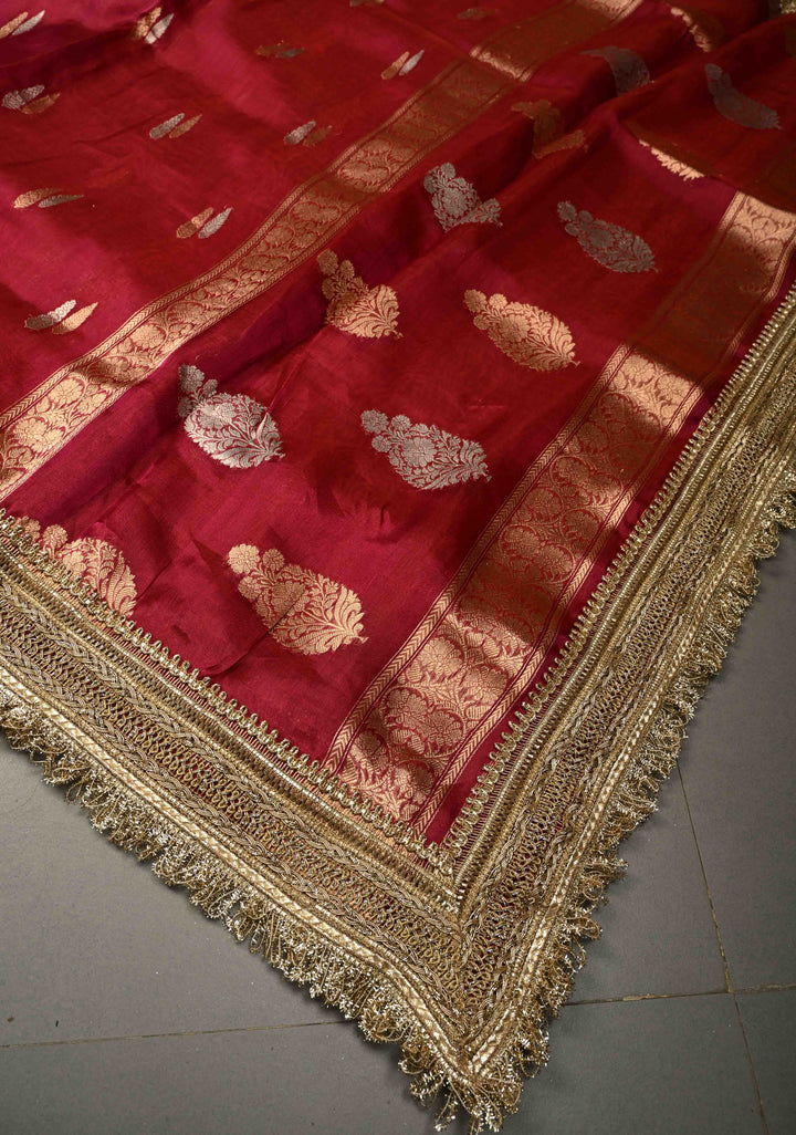 Raspberry Pink Banarasi Organza Silk Saree with Sona Rupa Zari Buttas and Fancy Lace Trim Border | SILK MARK CERTIFIED | SHOBITAM