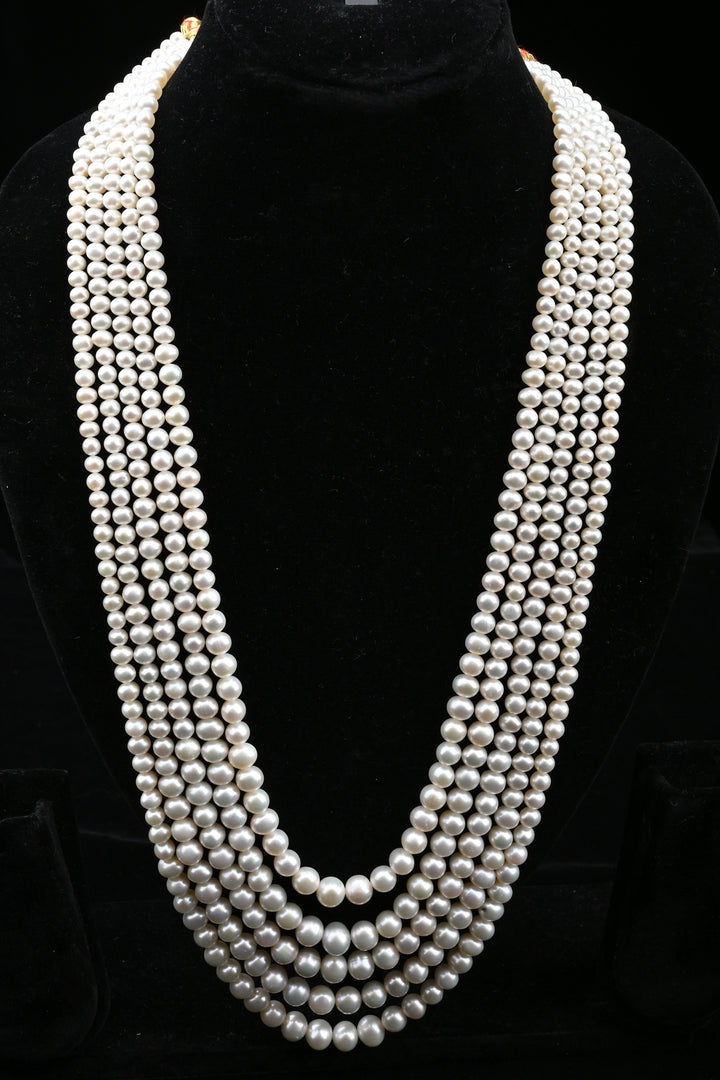 Five-Strand White Freshwater Pearl Necklace & Earring Set | SHOBITAM