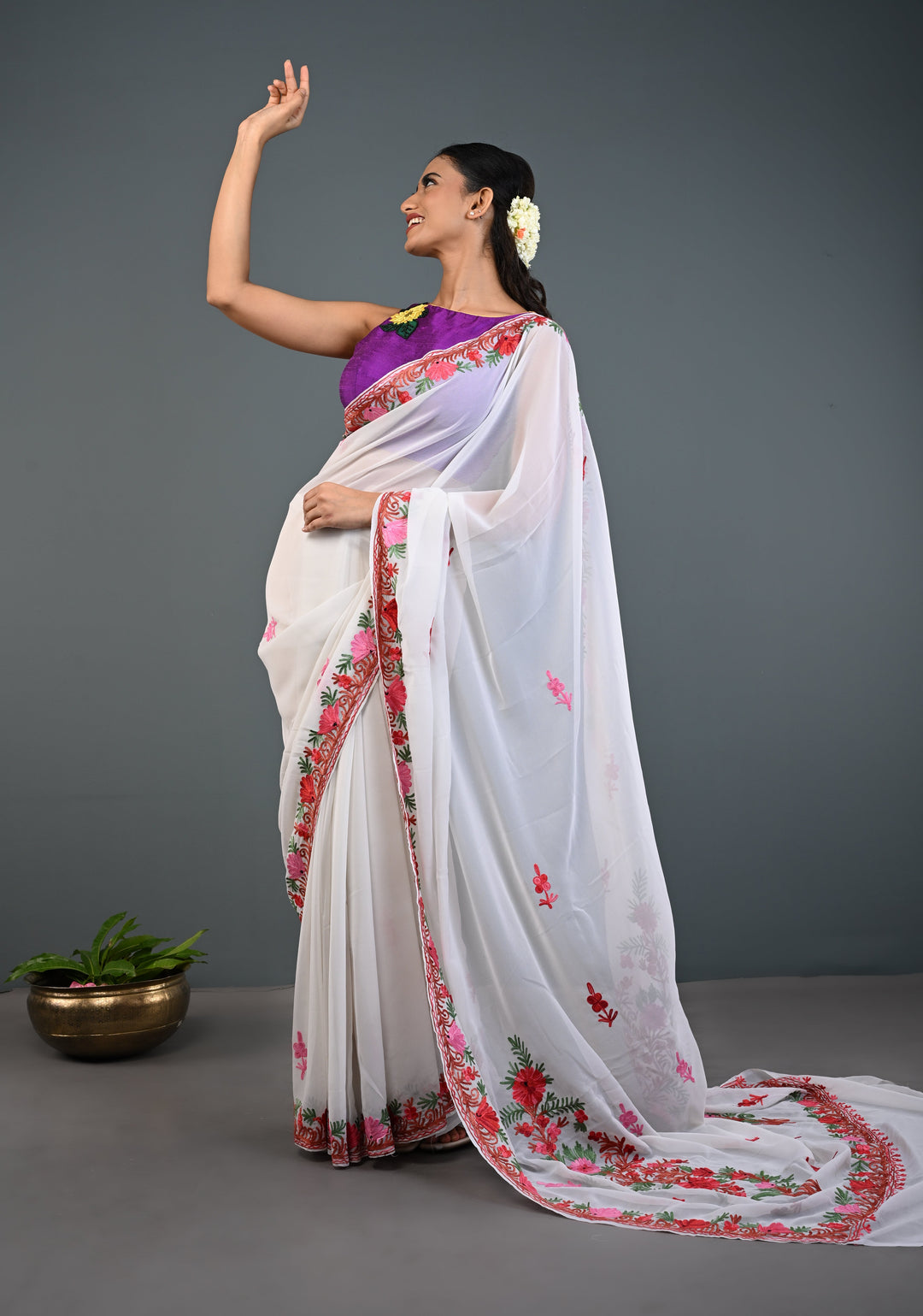 Off White Kashmiri Aari Georgette Saree with Floral Embroidery