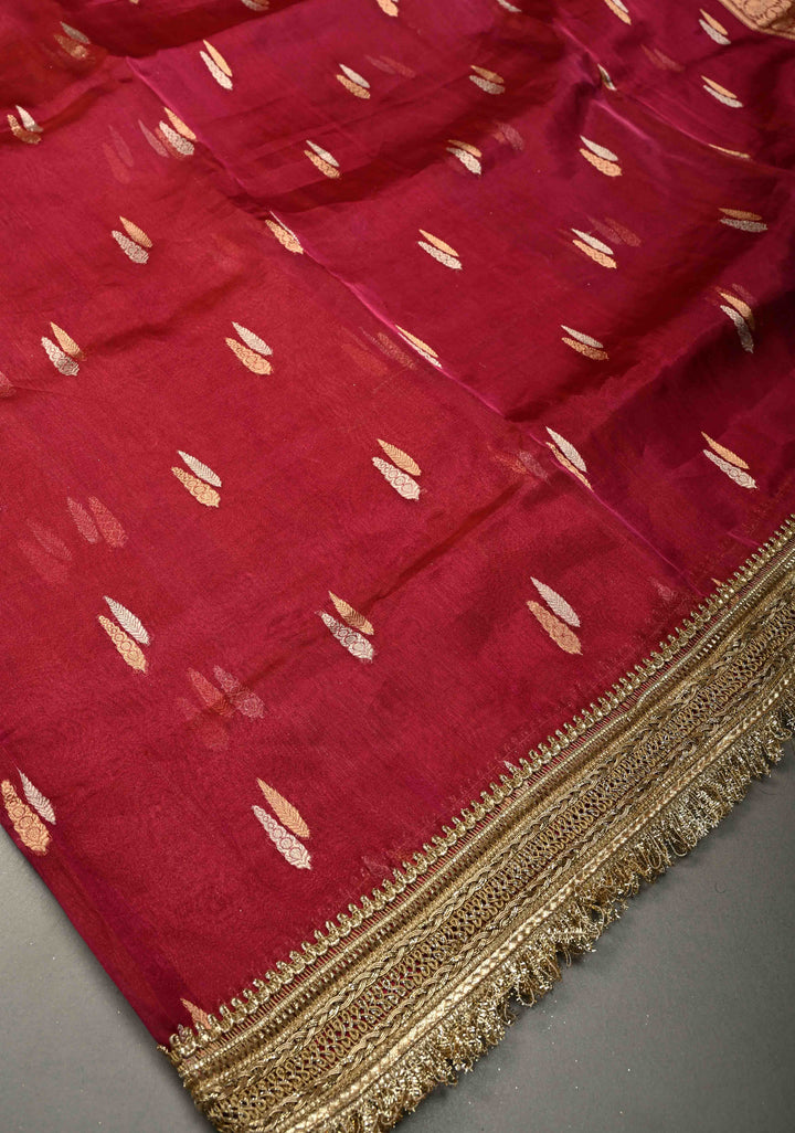 Raspberry Pink Banarasi Organza Silk Saree with Sona Rupa Zari Buttas and Fancy Lace Trim Border | SILK MARK CERTIFIED | SHOBITAM