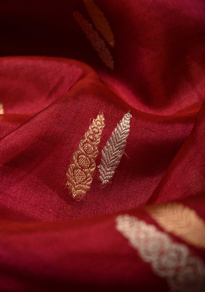 Raspberry Pink Banarasi Organza Silk Saree with Sona Rupa Zari Buttas and Fancy Lace Trim Border | SILK MARK CERTIFIED | SHOBITAM
