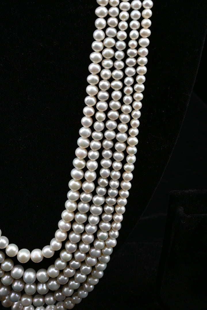 Five-Strand White Freshwater Pearl Necklace & Earring Set | SHOBITAM