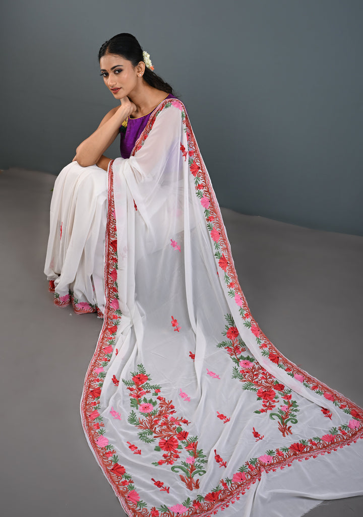Off White Kashmiri Aari Georgette Saree with Floral Embroidery
