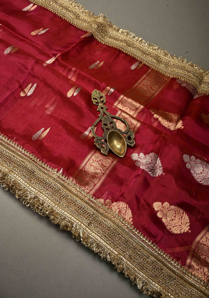 Raspberry Pink Banarasi Organza Silk Saree with Sona Rupa Zari Buttas and Fancy Lace Trim Border | SILK MARK CERTIFIED | SHOBITAM
