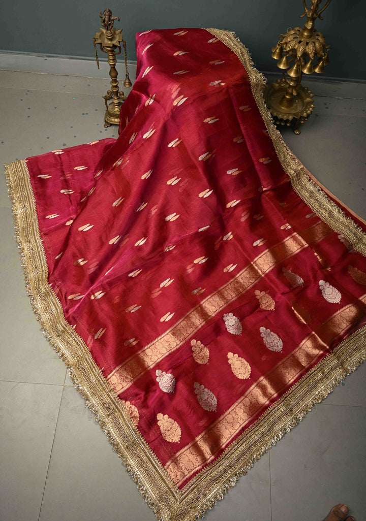 Raspberry Pink Banarasi Organza Silk Saree with Sona Rupa Zari Buttas and Fancy Lace Trim Border | SILK MARK CERTIFIED | SHOBITAM