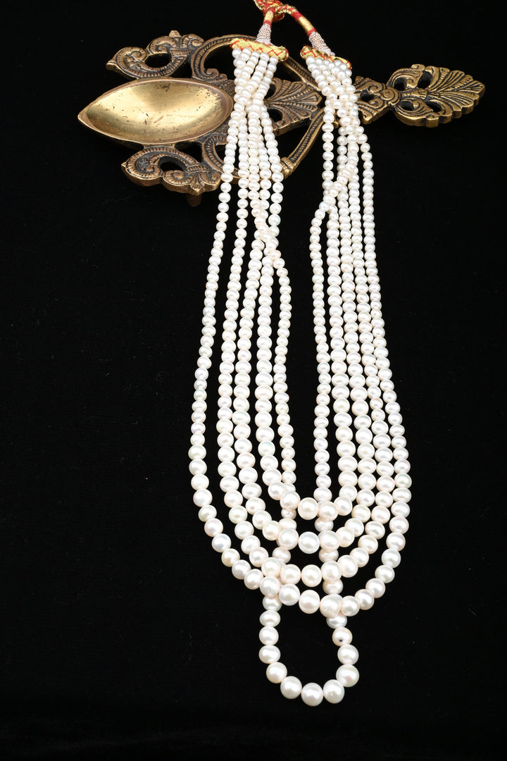 Five-Strand White Freshwater Pearl Necklace & Earring Set | SHOBITAM