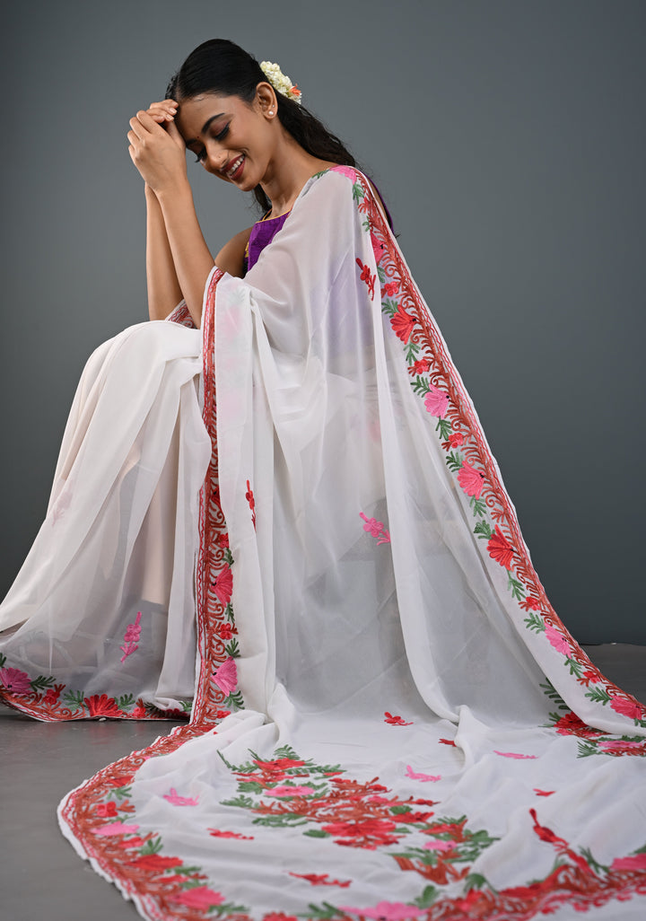 Off White Kashmiri Aari Georgette Saree with Floral Embroidery