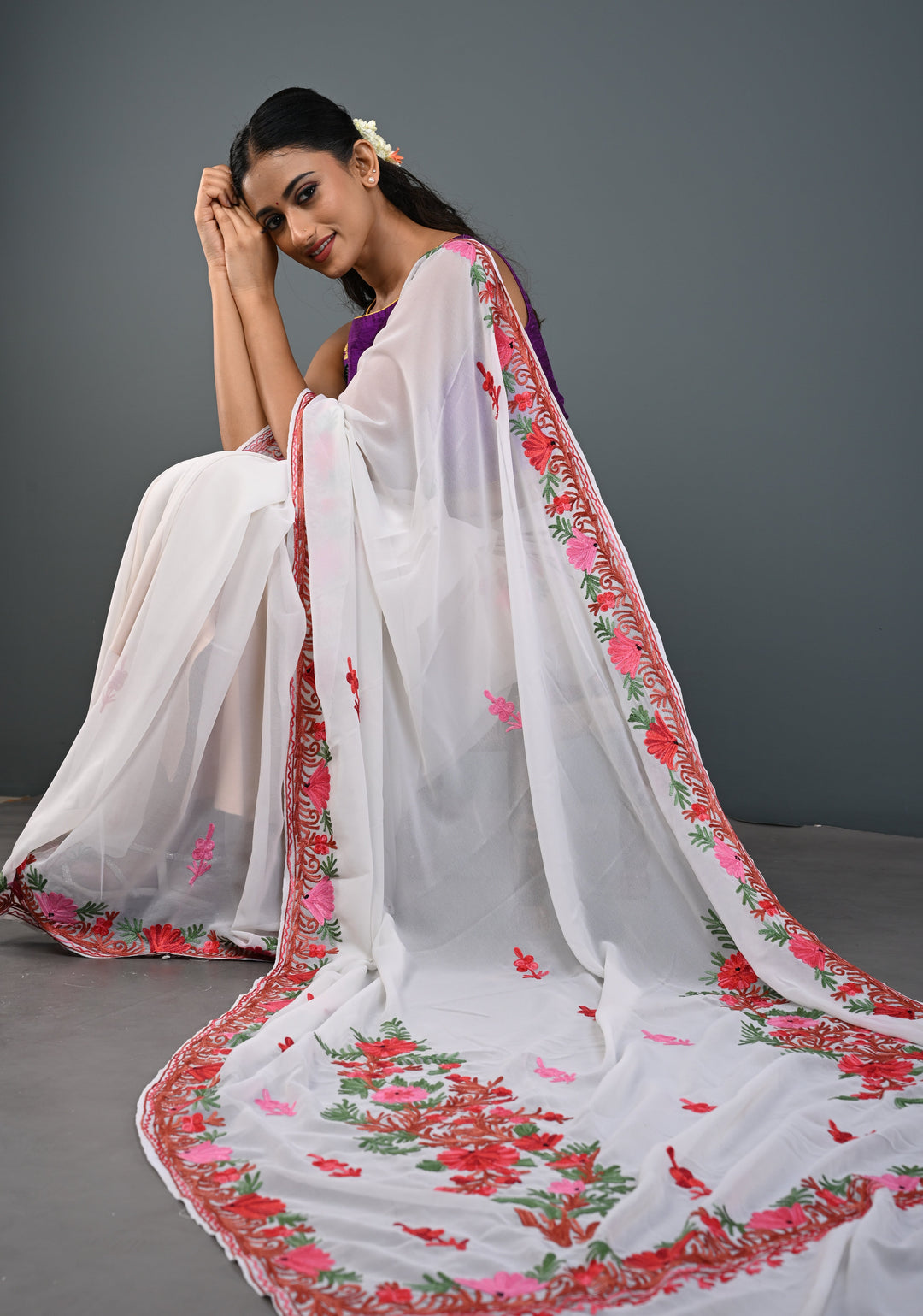 Off White Kashmiri Aari Georgette Saree with Floral Embroidery