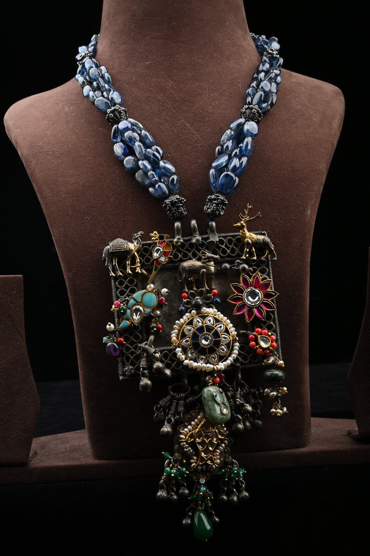 92.5 Silver Oxidised Neelchakra Motif Pendant Necklace | SHOBITAM