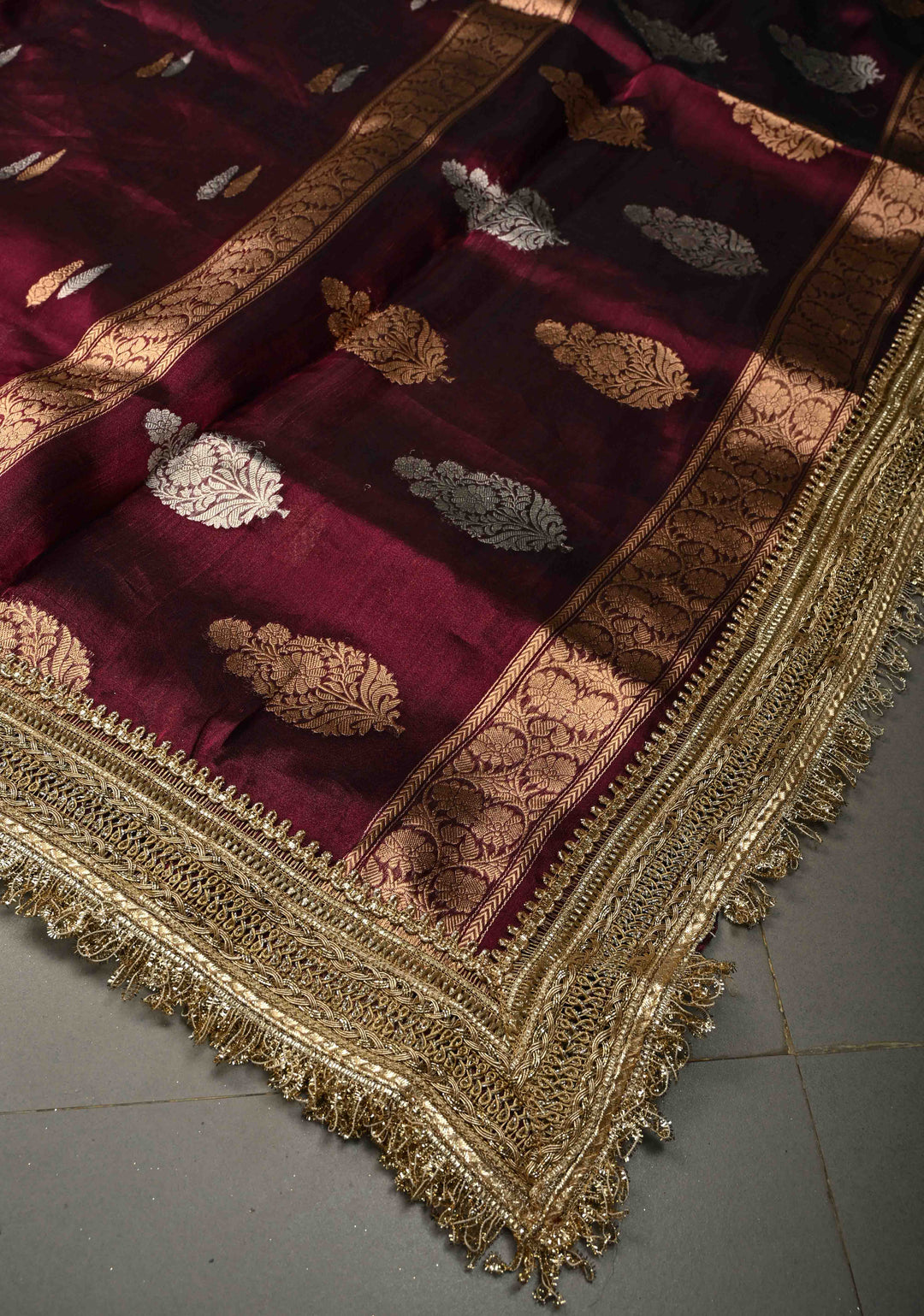 Wine Banarasi Organza Tissue Silk Saree with Sona Rupa Zari Buttas and Fancy Lace Trim Border | SILK MARK CERTIFIED | SHOBITAM