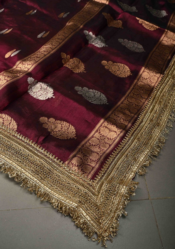 Wine Banarasi Organza Tissue Silk Saree with Sona Rupa Zari Buttas and Fancy Lace Trim Border | SILK MARK CERTIFIED | SHOBITAM