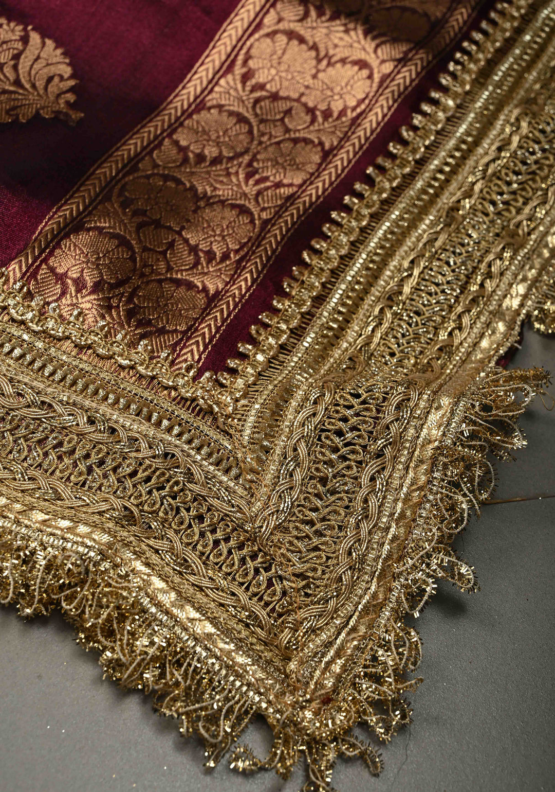 Wine Banarasi Organza Tissue Silk Saree with Sona Rupa Zari Buttas and Fancy Lace Trim Border | SILK MARK CERTIFIED | SHOBITAM