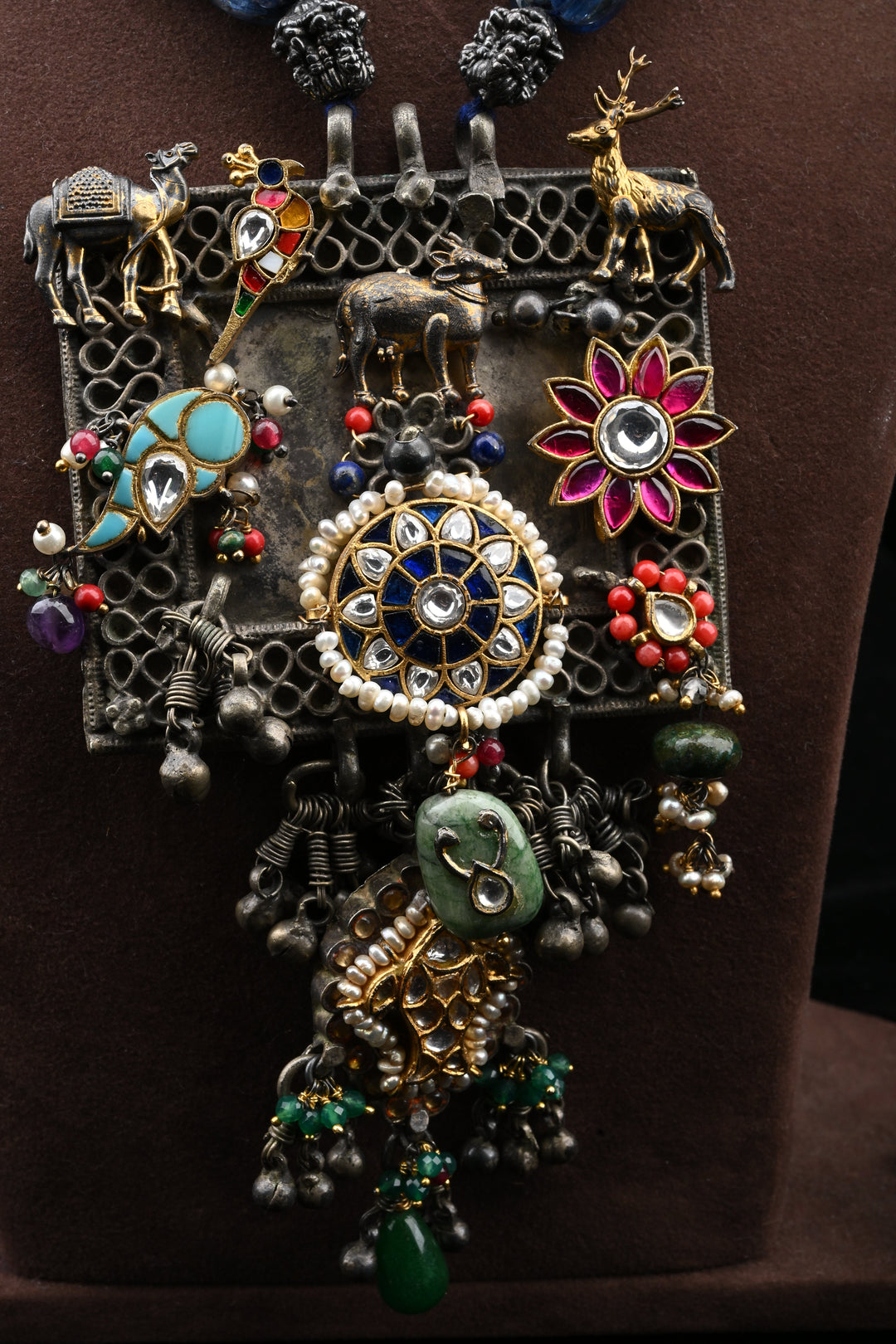 92.5 Silver Oxidised Neelchakra Motif Pendant Necklace | SHOBITAM
