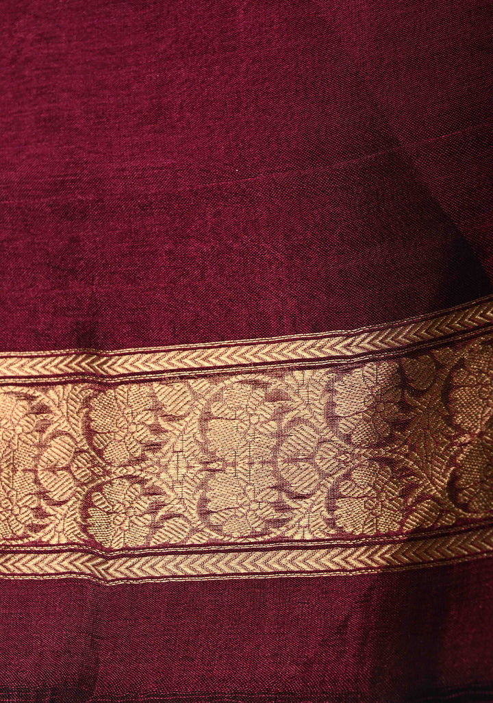 Wine Banarasi Organza Tissue Silk Saree with Sona Rupa Zari Buttas and Fancy Lace Trim Border | SILK MARK CERTIFIED | SHOBITAM