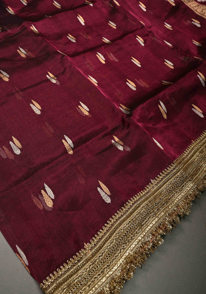 Wine Banarasi Organza Tissue Silk Saree with Sona Rupa Zari Buttas and Fancy Lace Trim Border | SILK MARK CERTIFIED | SHOBITAM